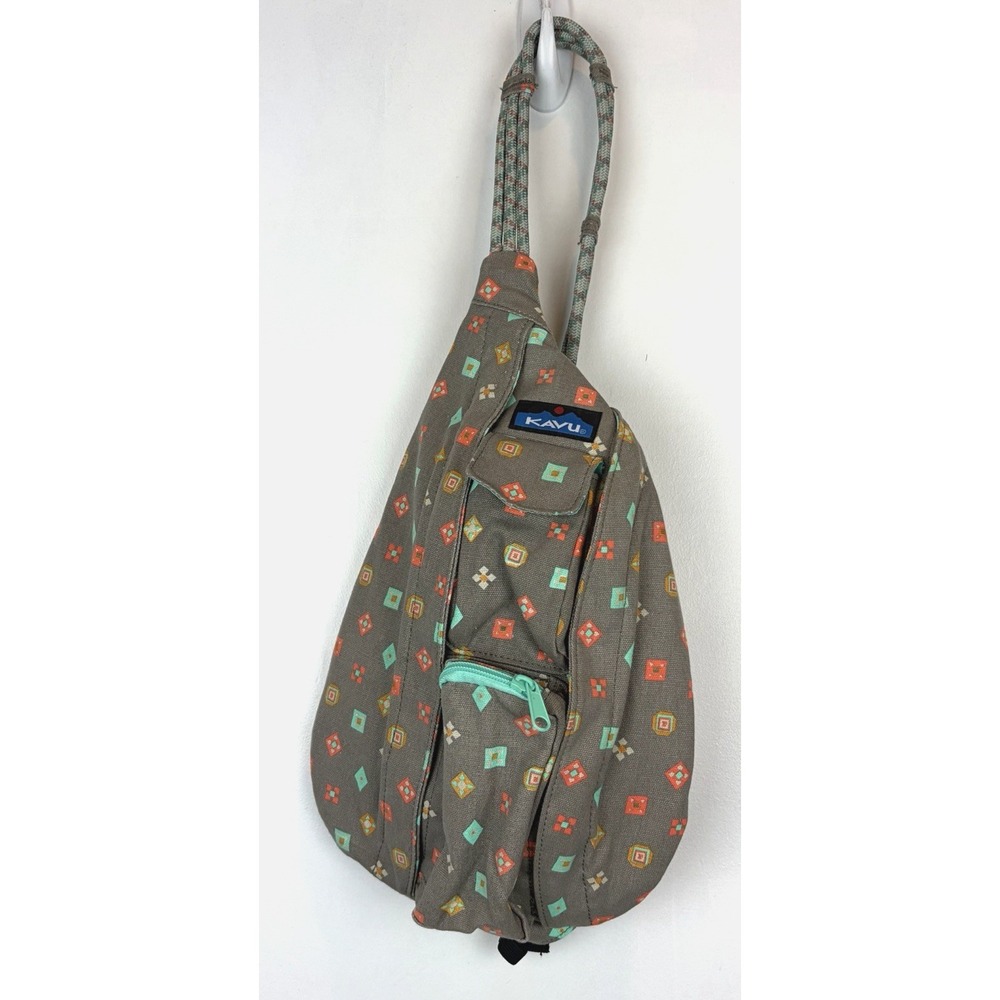 Kavu Crossbody Rope Sling Bag Gray Geo Print Foulard Pattern Hiking Travel